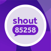 Shout text line icon. The word shout is written above a speech bubble that has the text number 85258 inside it
