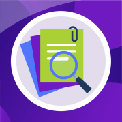 Articles icon 3 pieces of paper ( green purple and blue) held together with a paper clip and a magnifying glass on top