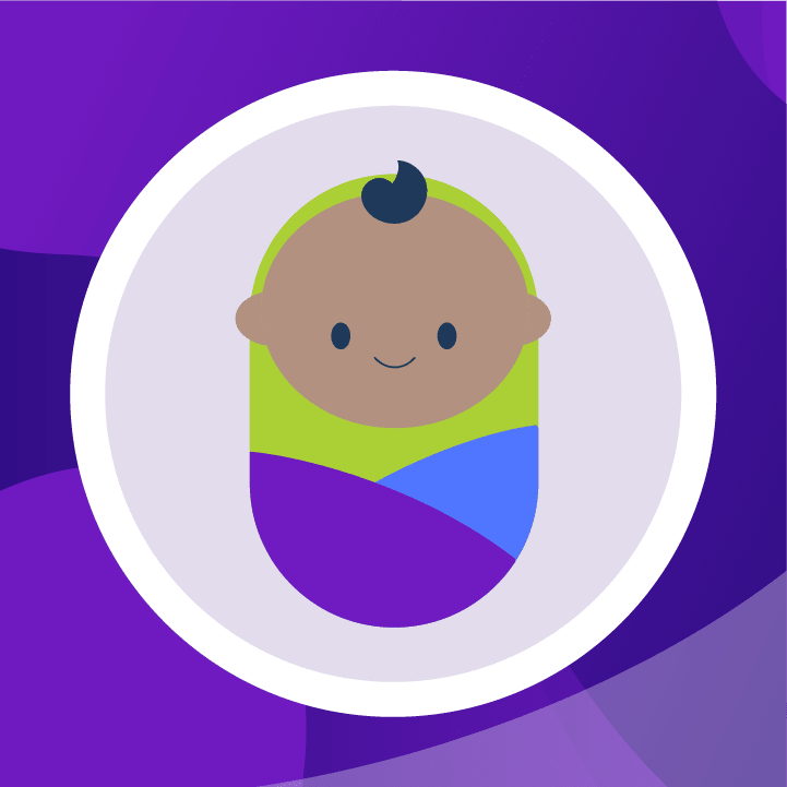 Daily information icon. Baby swaddled in a purple, green and blue blanket
